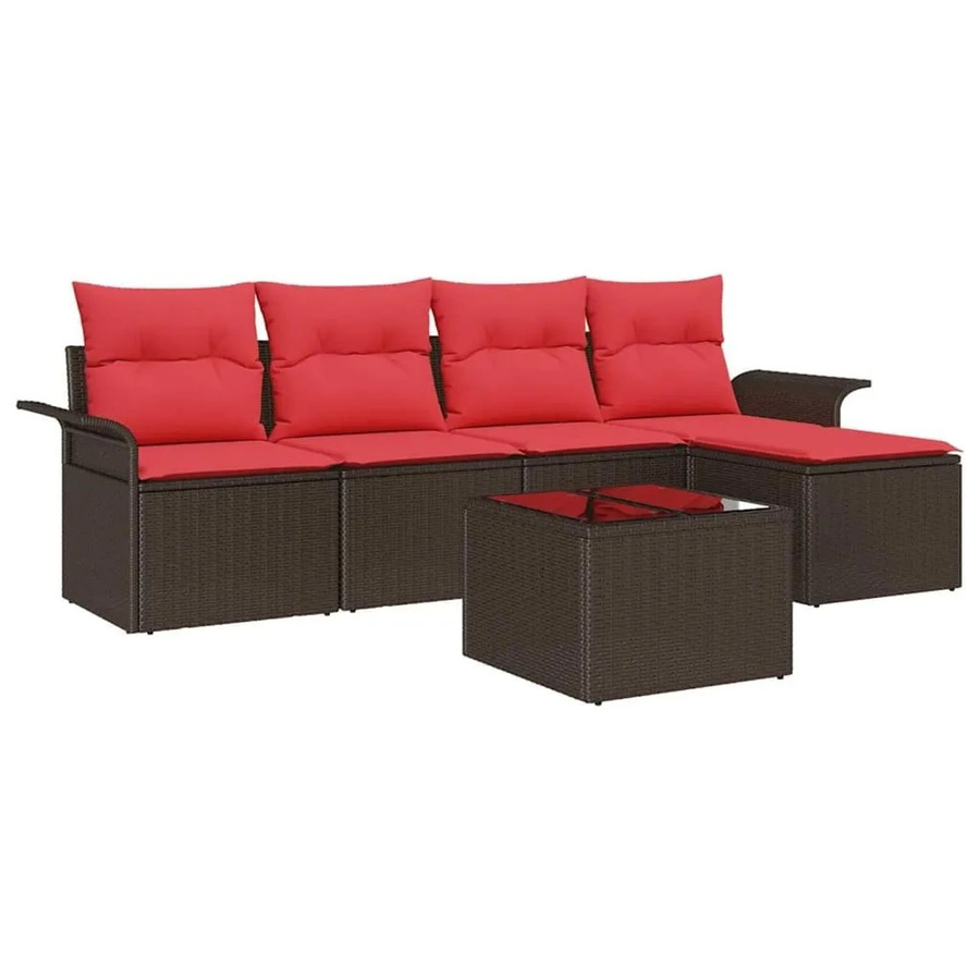 vidaXL Gartenmöbel-Set aus Poly-Rattan in Braun mit 6 Kissen, L-Form Sofa, Ottoman und Couchtisch mit Glasplatte - Bild 2