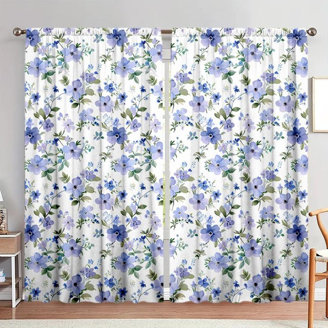 2er-Set Vorhänge mit blauem Retro-Blumenmuster von Household supplies MH, halbtransparent, Breite: 52,5 cm, Höhe: 116 cm - Bild 1
