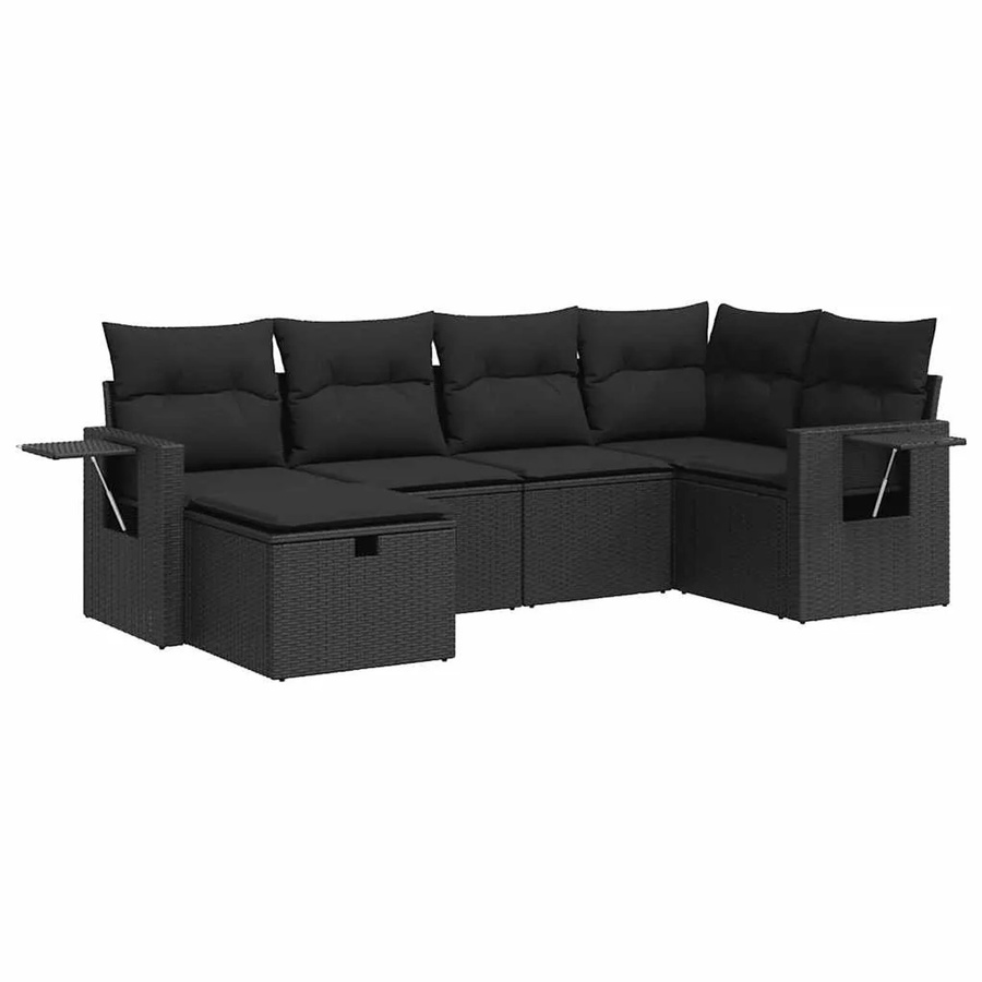 vidaXL 6-tlg Garten-Sofagarnitur in L-Form aus schwarzem Poly-Rattan mit Kissen und pulverbeschichtetem Stahlgestell - Bild 2