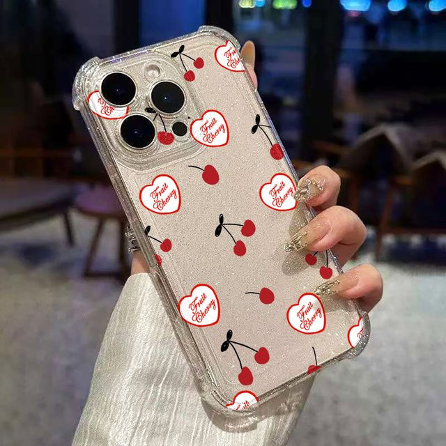 Bling Love Heart Cherry Silikonhülle für Apple iPhone 11 12 13 14 15 16 17 Pro Max Transparent Stoßfestes Softcase mit Glitzer-Design - Bild 1