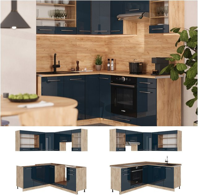 Vicco Eckküche Fame-Line Dunkelblau Hochglanz und Eiche, B/T/H: 160 x 190 x 208 cm - Bild 1