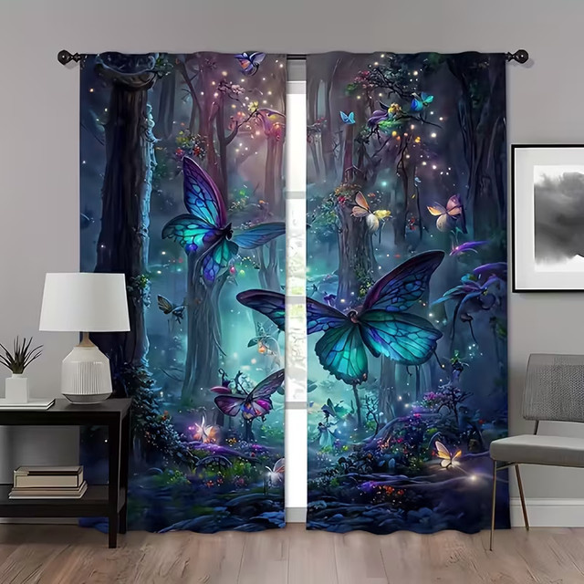 VIKAMA Blaue Schmetterlings-Wald-Vorhänge, halbtransparente Natur-Vorhänge mit floralem Design und Stangentasche, Breite: 116 cm, Höhe: 116 cm - Bild 1