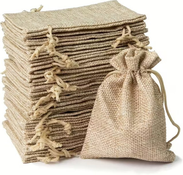 20 Schmuckbeutel aus Naturleinen mit Kordelzug in Beige und Gelb zur Aufbewahrung - Bild 1