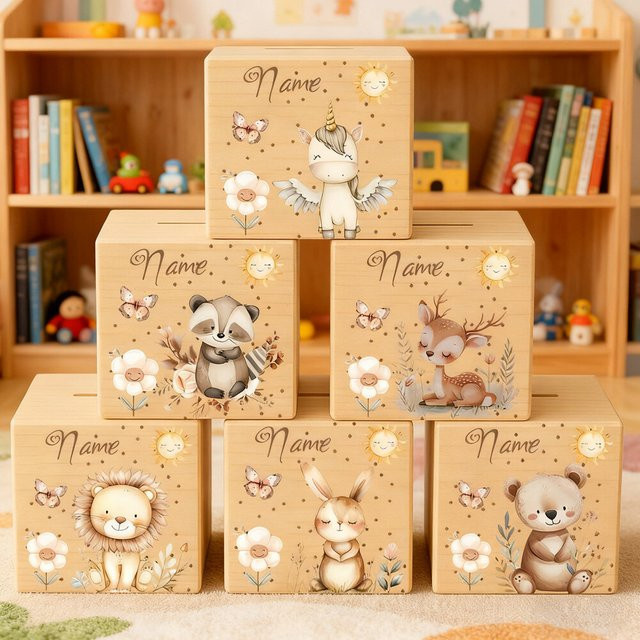 Personalisiertes Holz-Sparschwein mit Namen als Kinder-Münzbank und Weihnachtsgeschenk für das Kinderzimmer - Bild 1