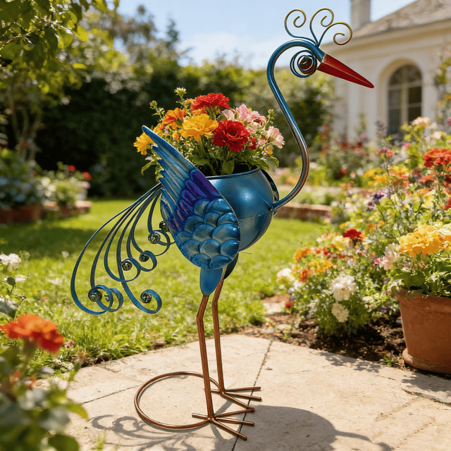 Pfauenförmiger Metall-Blumentopf für den Außenbereich als freistehende Garten-Skulptur und Dekoration - Bild 1