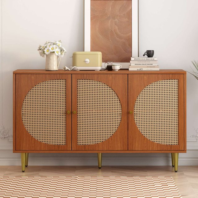Aosom Rattan Sideboard in Walnuss mit 3 Rattan-Türen, B/T/H: 129,8 x 40 x 76 cm - Bild 1