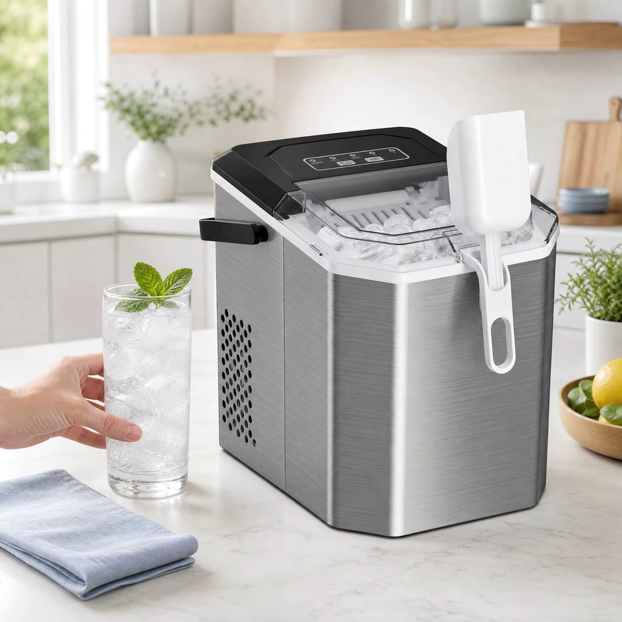 Silonn Eiswürfelmaschine aus Edelstahl in Silber mit Griff-Eiswürfelkorb, tragbar und selbstreinigend, produziert bis zu 12 kg Eis pro Tag - Bild 2