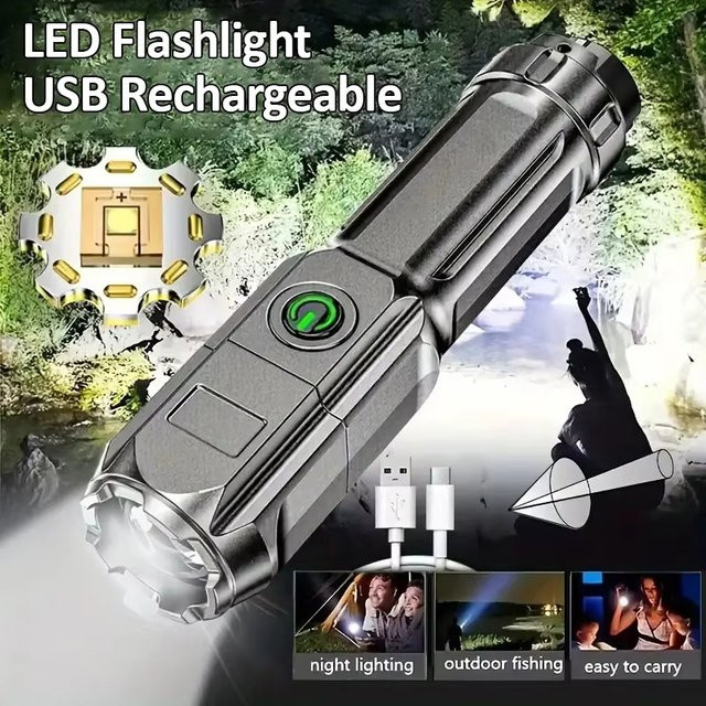 Wasserdichte LED-Taschenlampe in Schwarz mit Fokusfunktion und USB-wiederaufladbarem 18650 Akku für Outdoor und Zuhause - Bild 1