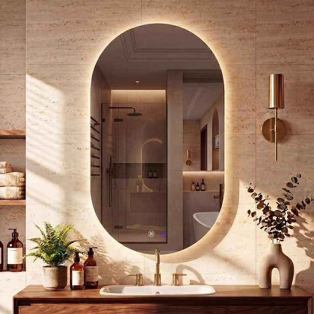 CLP Badspiegel Barbora oval mit LED-Beleuchtung, beschlagfreier Wandspiegel mit Touch-Dimmer und 3 Lichtfarben in Weiß - Bild 1