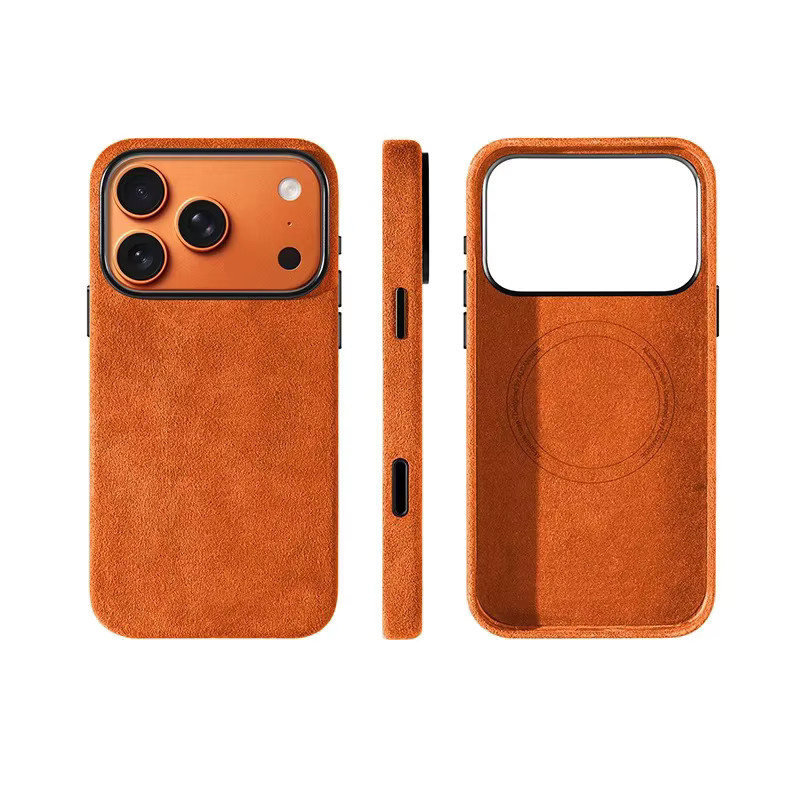 KOOYUTA Alcantara Magnet-Hülle für iPhone 17 Pro Max mit MagSafe und Smart Button Schutzhülle in Grau und Orange - Bild 6