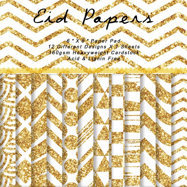 12 Blatt Eid Mubarak Scrapbook-Papier in Gold für DIY-Bastelarbeiten, Origami und Kartenherstellung - Bild 1
