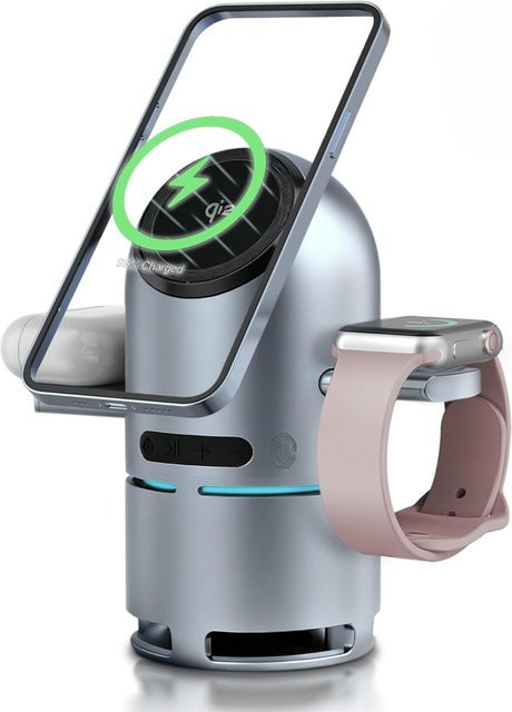 VIKEFON 3-in-1 magnetisches kabelloses Ladegerät mit Bluetooth-Lautsprecher und automatischer Drehung, Qi2 15 W Schnellladestation für iPhone 12–17, Apple Watch und AirPods, Farbe: Silber - Bild 1