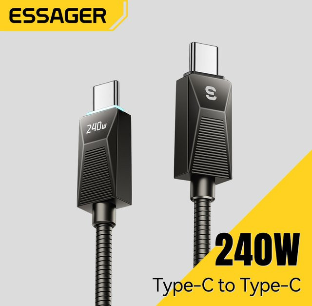 Essager Typ-C-Kabel mit 240 W Superschnellladung und 100 W Schnellladefunktion aus Edelstahl in Schwarz - Bild 1