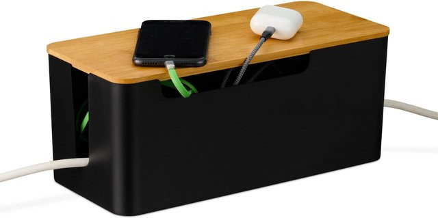 Relaxdays Kabelbox aus Kunststoff und Bambus in Schwarz, B: 31 cm, T: 13 cm, H: 14 cm - Bild 1