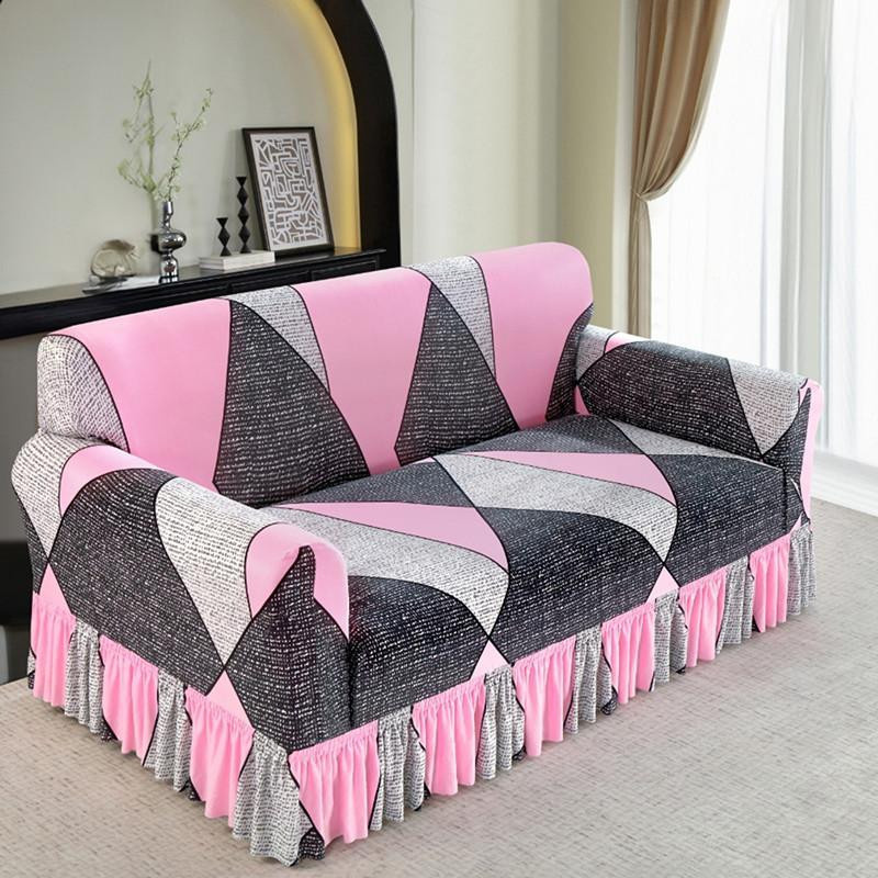 Yiran Bag Elastischer Sofa Schonbezug mit Blumenmuster in Pink, Waschbarer Couchbezug aus Polyester mit Rock - Bild 1