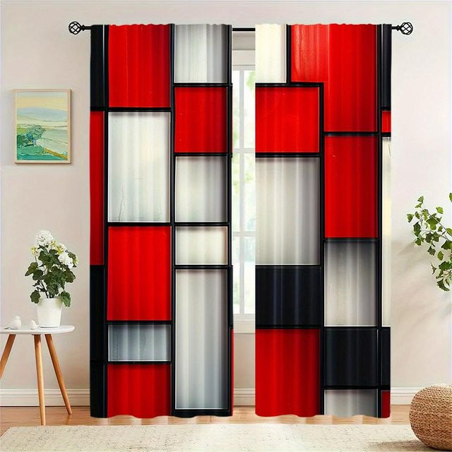 2er-Set digital bedruckte Vorhänge mit geometrischem Muster in Multicolour, halbtransparent, Polyester, B: 100 cm, H: 130 cm - Bild 1