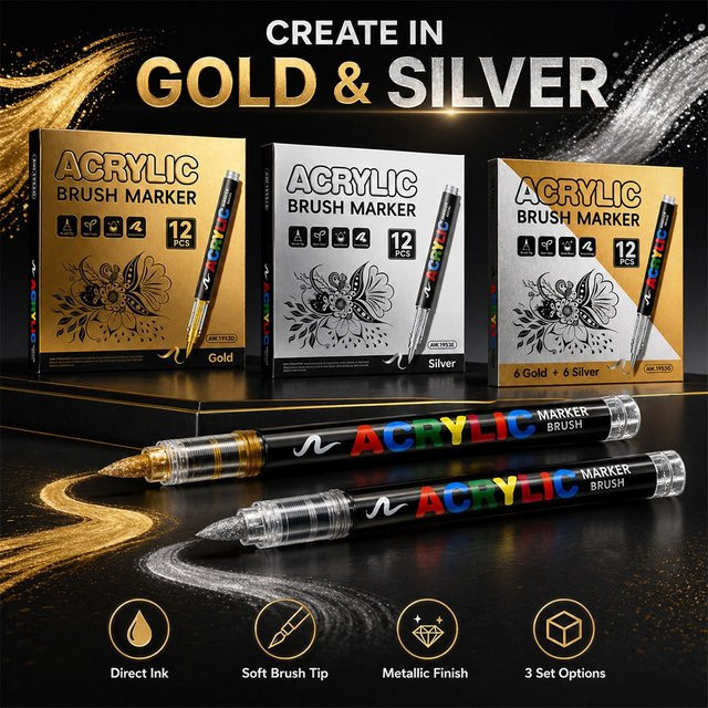Hopk Acryl-Farbmarker Set mit 12 Farben inklusive Schwarz, Weiß, Gold und Silber als Pinselmarker für Kunstbedarf - Bild 1