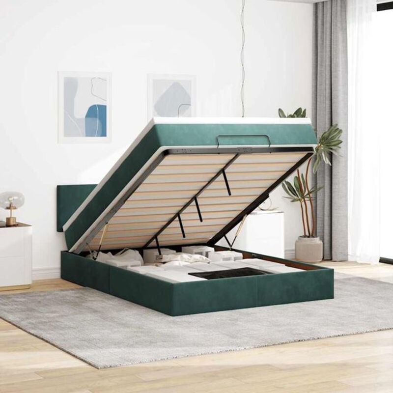 Vidaxl Ottoman Polsterbett mit Matratze und LED in Dunkelgrün aus Samt, B/T: 140 x 200 cm - Bild 1