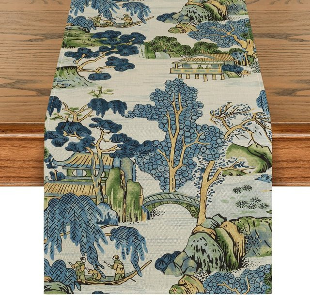 JINGYUE Pet Tischläufer aus Leinen im Vintage Chinoiserie Design mit floralem Muster, Mehrfarbig, B/H: 150 x 33 cm - Bild 1