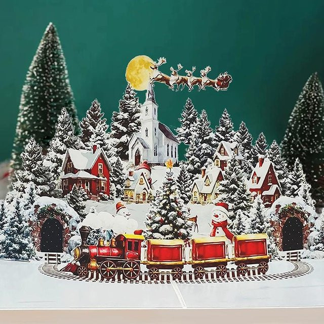3D Weihnachtskarte Dulcet mit Weihnachtsmann, Rentieren und verschneitem Dorf in Grau - Bild 1