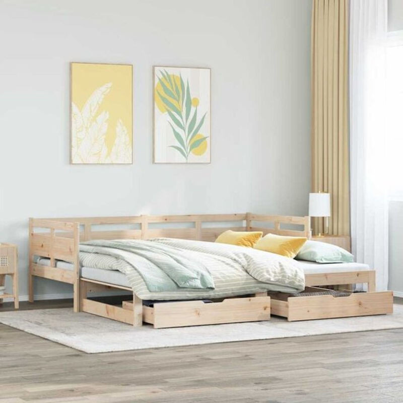 Ausziehbares Tagesbett mit Schubladen aus Kiefer Massivholz von Vidaxl in Natur und Grün, Landhaus und Skandinavisch Stil, B/T/H: 200 x 80 x 88 cm - Bild 1