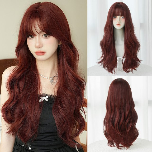 7JHH WIGS Perücke, lange gewellte Kunsthaarperücke, weinrot, Damen - Bild 1