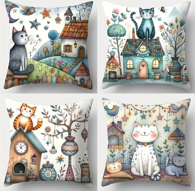 VIKAMA Katzen-Kissenbezug mit Haustier-Motiv, quadratisch, Mehrfarbig, B/T/H: 30 x 30 x 30 cm - Bild 1
