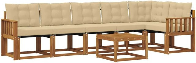 vidaXL Outdoor-Sofagarnitur 7-teilig aus Akazienholz und Textilene in Natur und Beige mit Kissen und Armlehnen - Bild 1