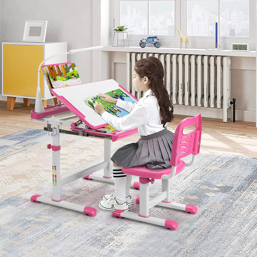 GOFLAME Kinder Schreibtischset mit höhenverstellbarem Schreibtischstuhl und LED-Licht in Rosa - Bild 2