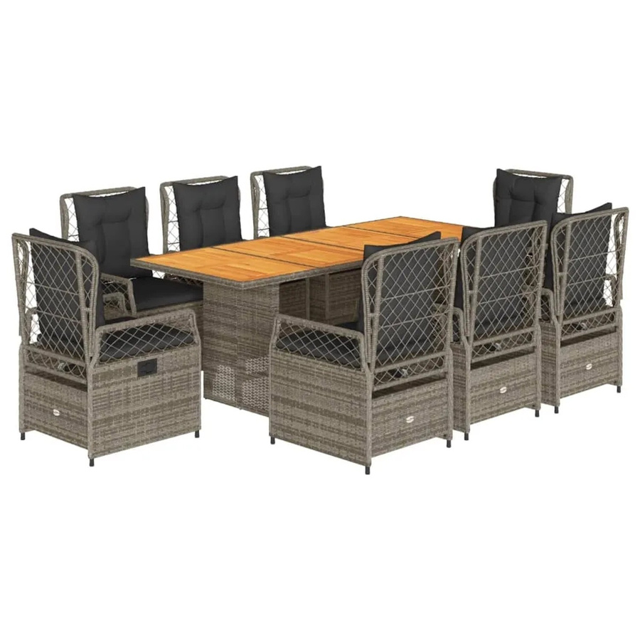 vidaXL 9-teilige Garten-Essgruppe aus Poly-Rattan und Akazienholz in Grau mit Kissen - Bild 2