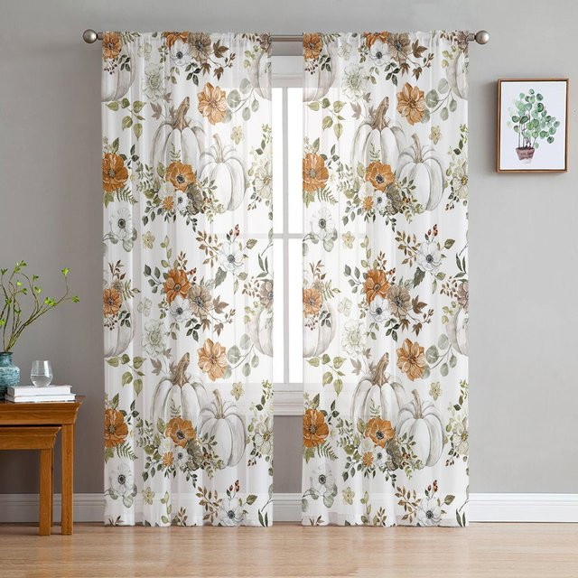 Transparente Tüll-Voile-Vorhänge mit Herbst-Motiv aus Kürbis, Blumen und Eukalyptus in Multicolour, Breite: 135 cm, Höhe: 137 cm - Bild 1