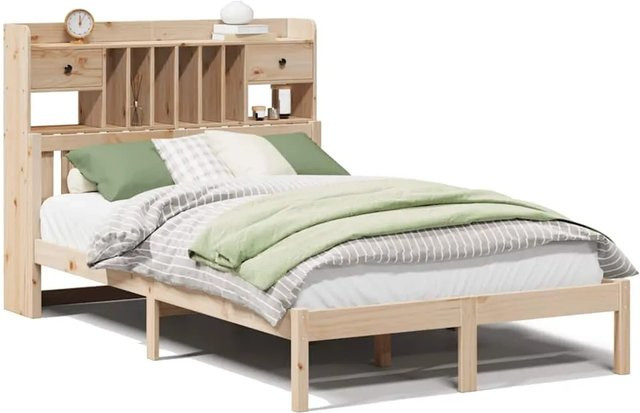 vidaXL Massivholzbett aus Kiefer mit Kopfteil und Regal in Braun, B/T/H: 135 x 190 x 110 cm - Bild 1