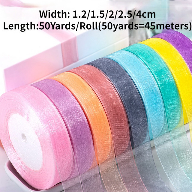 Merylover Organzaband mit Satin-Kante für Schleifen und DIY-Dekoration, Grün und Mehrfarbig, Rolle 45 Meter, Breite: 1,2-4 cm - Bild 1