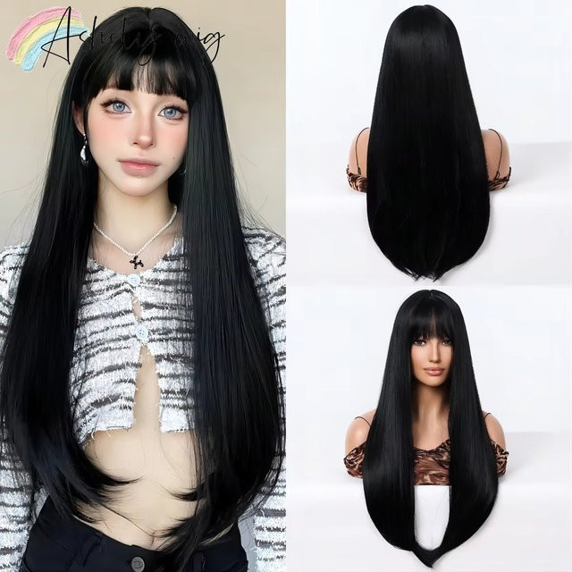 Ashely wigs Perücke, schwarz, lang, glatt, mit Pony, 28 Zoll, Damen - Bild 1