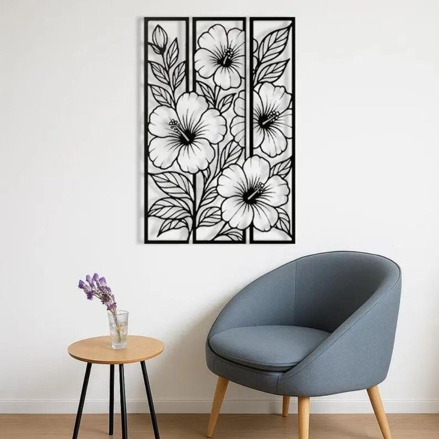 CIFBUY Moderne Metall-Blumen-Wandkunst in Schwarz, Minimalistische Florale Wanddekoration im Rechteckformat - Bild 1