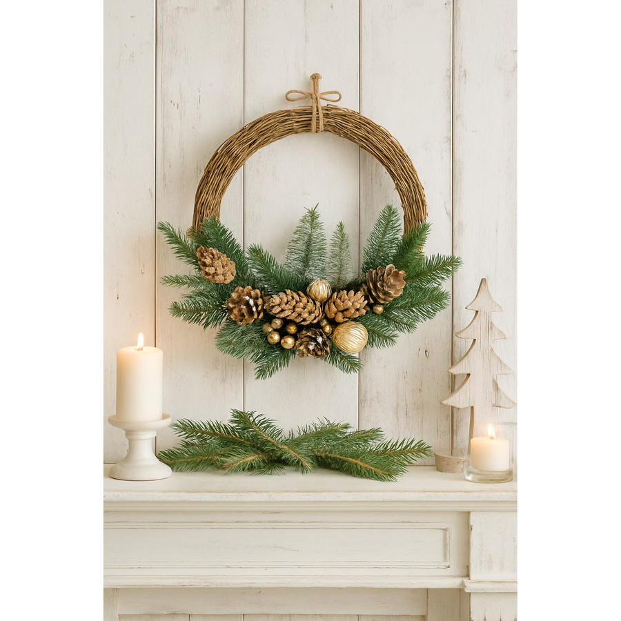 Weihnachtskranz Zapfen in Gold, Grün, Braun und Multicolour aus Holz und Textil im rustikalen Design - Bild 2
