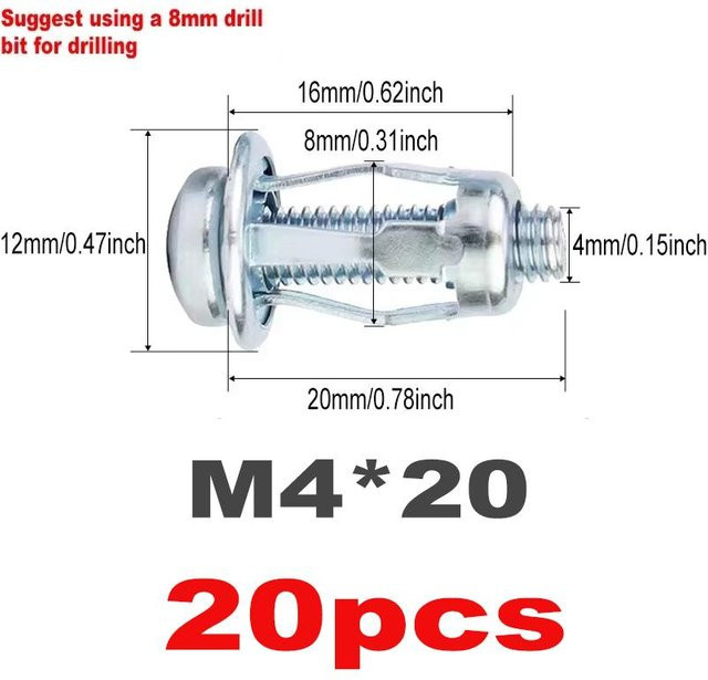 YWZT Tool Blütenkopf-Spreizdübel aus verzinktem Stahl, Farbe: Silber, 20 Stück, Durchmesser: 4 mm, Länge: 20 mm - Bild 1