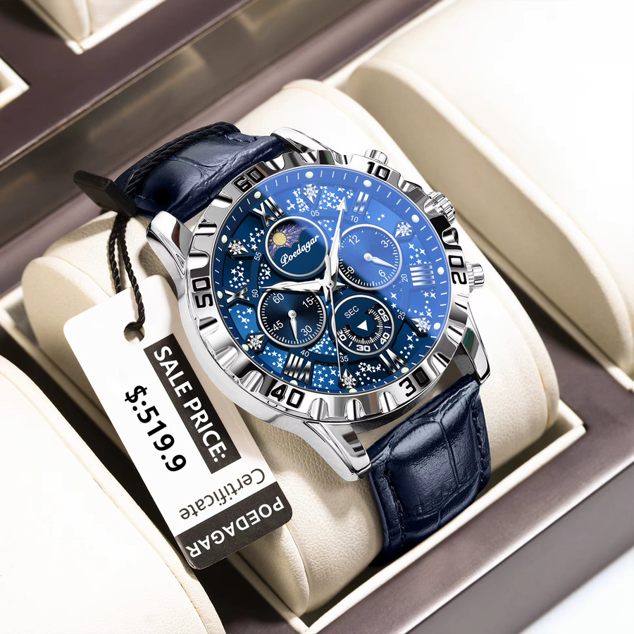 POEDAGAR Chronograph Armbanduhr, Quarz, Leder, Herren, Blau - Bild 6