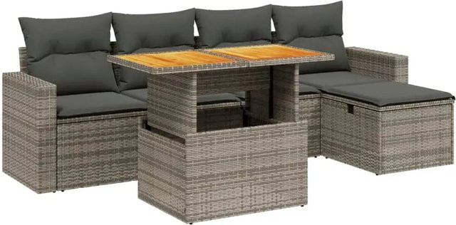 vidaXL 6-teilige Garten-Sofagarnitur aus Poly-Rattan in Grau mit Kissen und L-Form - Bild 1