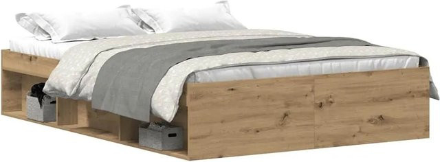 vidaXL Bettgestell Artisan-Eiche aus Holzwerkstoff und Kiefernholz, Farbe: Braun, B/T/H: 138 x 190 x 35 cm - Bild 1