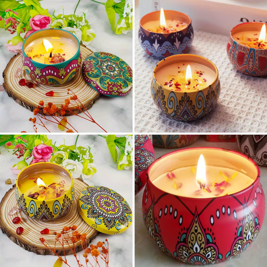12 runde Kerzendosen aus Metall mit Blumenmuster und Deckel für deine DIY-Kerzenherstellung, Multicolor - Bild 3