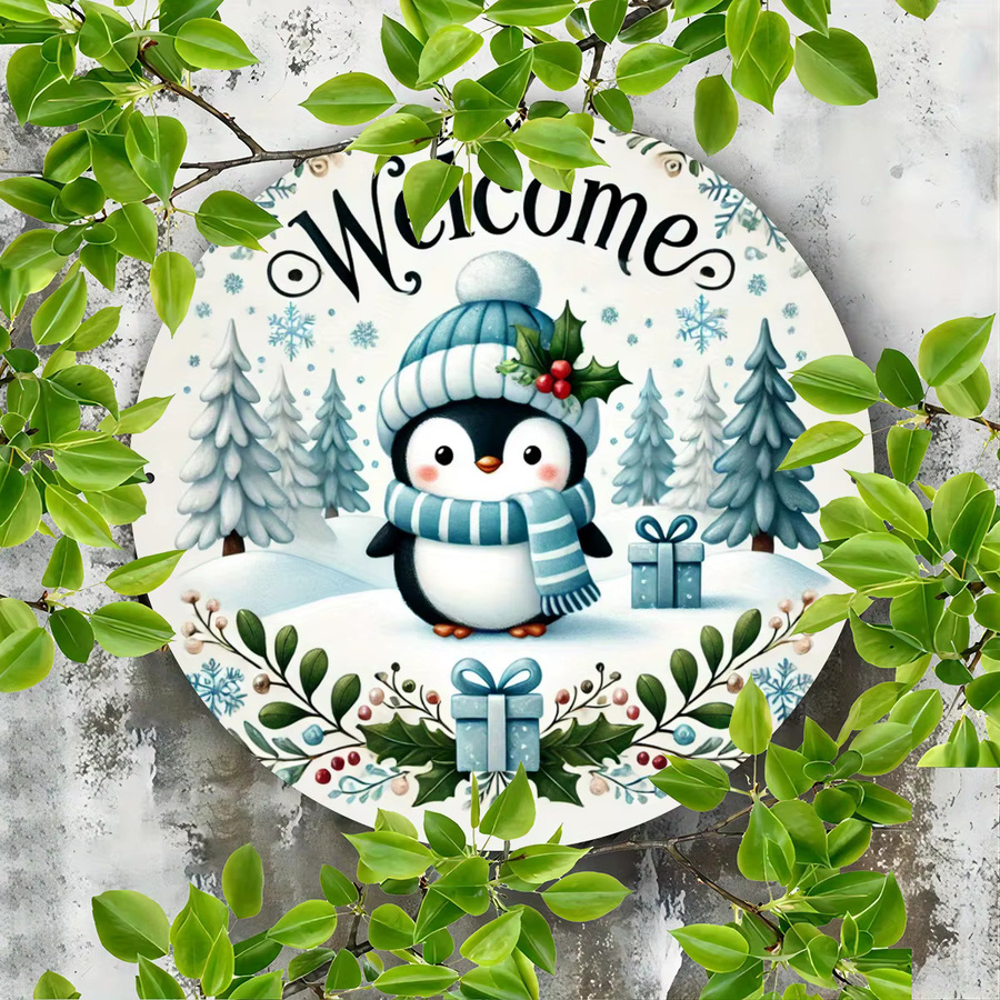 Rundes Metallwandschild von Potdemiel mit Pinguin in Winterkleidung, Mehrfarbig, Durchmesser: 20,32 cm - Bild 2