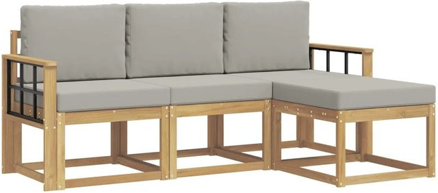 vidaXL Outdoor-Sofagarnitur in L-Form aus Akazienholz mit Polstern in Weiß und Hellgrau - Bild 1