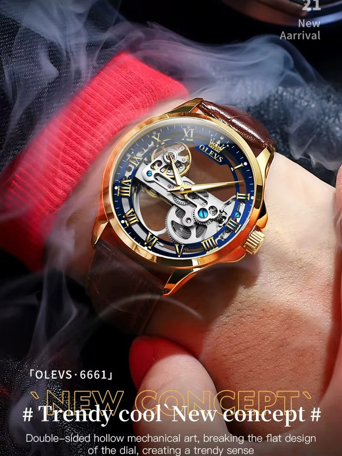 OLEVS Armbanduhr Automatik, Leder, Gold, Blau, Herren - Bild 7