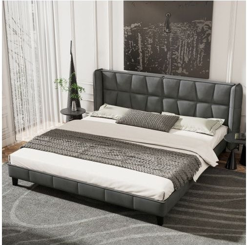 Gepolstertes Doppelbett MUVOE aus grauem Samt mit bequemem Kopfteil, B/T: 180 x 200 cm - Bild 1