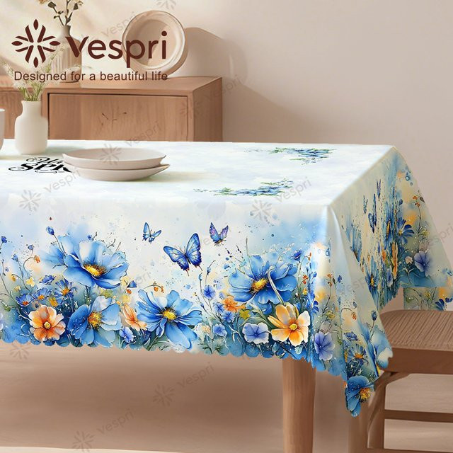 Vespri Blumen-Oster-Tischdecke mit Schmetterlings- und Blumenmuster in Weiß-Blau aus Polyester für Party und Festival - Bild 1