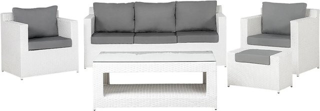 Beliani Lounge Set ROMA aus Polyrattan in Weiss und Grau mit Sofa, Sessel, Ottoman und Couchtisch im skandinavischen Design, B/T/H: 180 x 66 x 74 cm - Bild 1