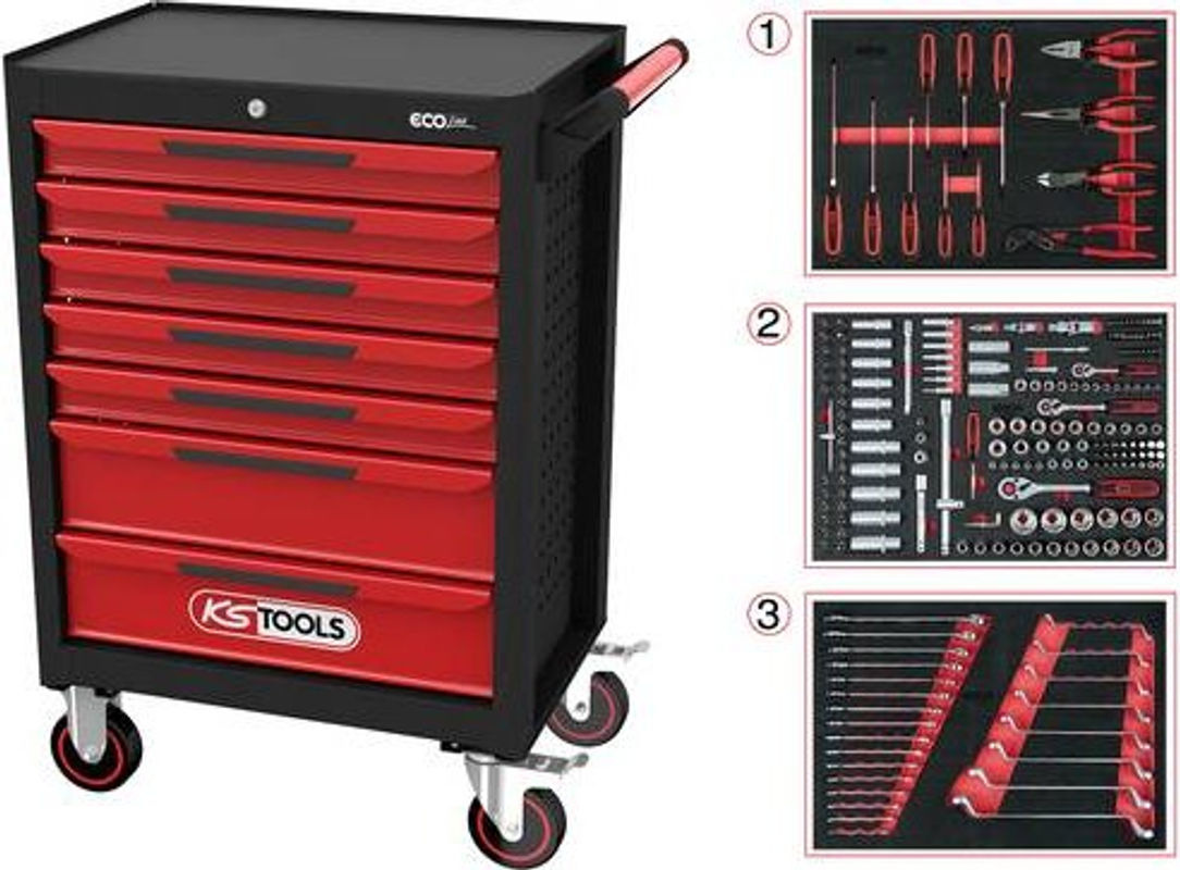 KS Tools ECOline Werkstattwagen aus Stahlblech mit 7 Schubladen, Schwarz/Rot, B: 74,8 cm, T: 45,9 cm, H: 101,4 cm - Bild 2