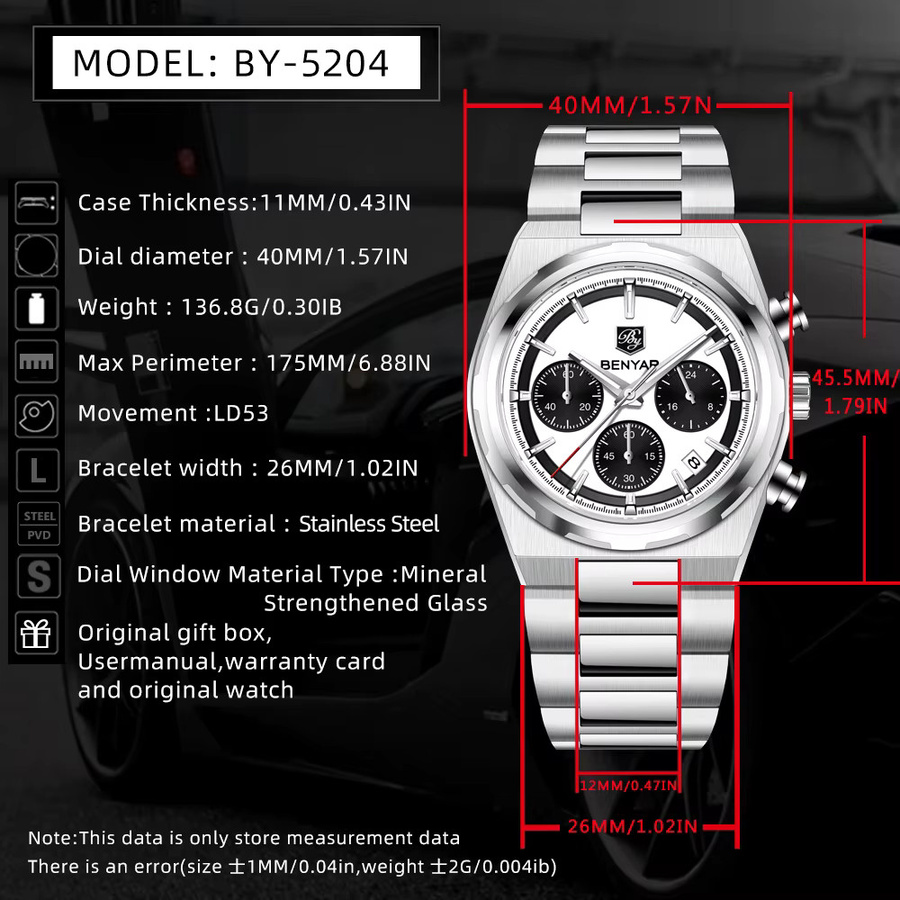 BENYAR Chronograph, Armbanduhr Quarz, Edelstahl, Blau, Herren - Bild 4