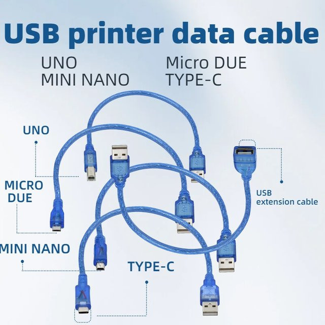 Hochwertiges USB-Kabel für Arduino Uno R3, Nano, MEGA, Leonardo, Pro Micro und DUE, Typ-A zu Typ-C und Mini-USB, Blau - Bild 1